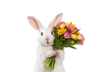 White rabbit holding colorful spring flowers including pink tulips and yellow daisies, isolated on a transparent background