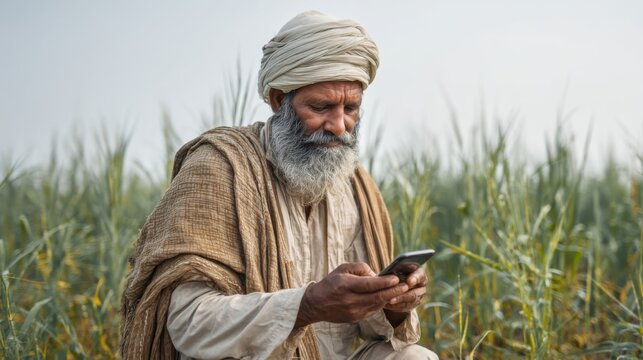 Indian Farmer Reading Digital Notification on Smartphone in a Field