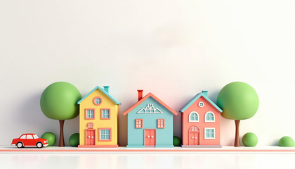 Colorful miniature houses with trees and car. Cute town street scene with simplified pastel buildings. Adorable small homes in a row. Modern residential neighborhood illustration.