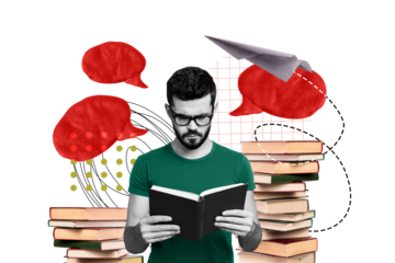 Creative collage picture young man student learn preparation read book library literature stack pile textbox speech paper airplane