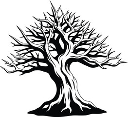 Majestic Bare Tree Silhouette with Roots - Black and White Vector Illustration