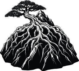 Majestic Tree with Exposed Roots Growing Over a Mountain Silhouette