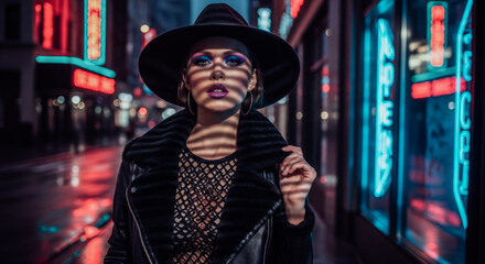 Fototapeta premium Stylish woman in wide-brimmed hat posing confidently on a vibrant, neon-lit city street at night, showcasing edgy fashion.