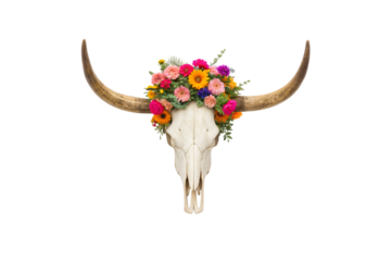 Weathered longhorn skull decorated with vibrant pink, yellow, purple, orange flower wreath between horns, isolated on a transparent background