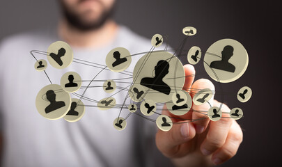 Conceptual representation of networking, social media connection, global community, leadership, and human resources structure.