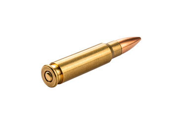 Brass rifle cartridge ammunition round with copper-tipped bullet projectile lying at angle, isolated on a transparent background