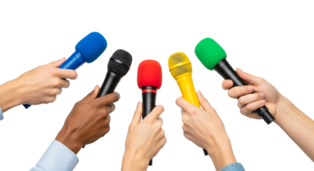 Hands Holding Microphones Group Of People Reporting Journalism Press Conference Announce Multi Ethnic Media Coverage News Broadcast Isolated Arms