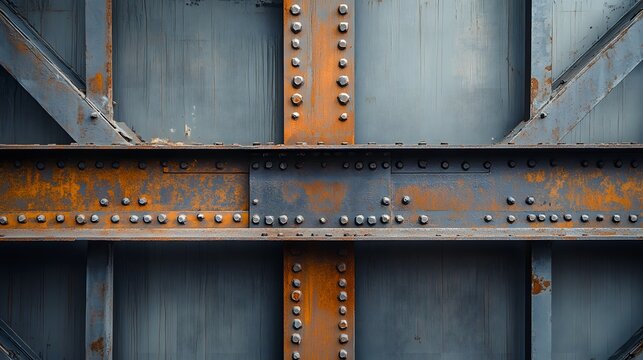 Detailed rusted metal bridge support beams with rivets create a textured industrial infrastructure pattern.
