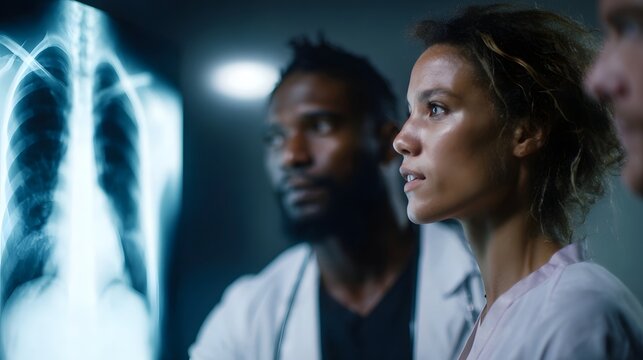 Medical professionals examining a chest X ray on a digital screen