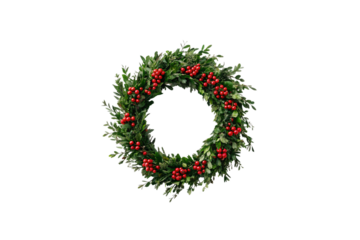 christmas wreath, mixed evergreen branches, bright red berries, rustic natural style, holiday greenery arrangement, festive decoration, isolated on a transparent background