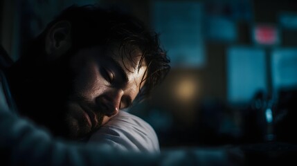 Obraz premium Man asleep on pillow exhausted and tired in dim light