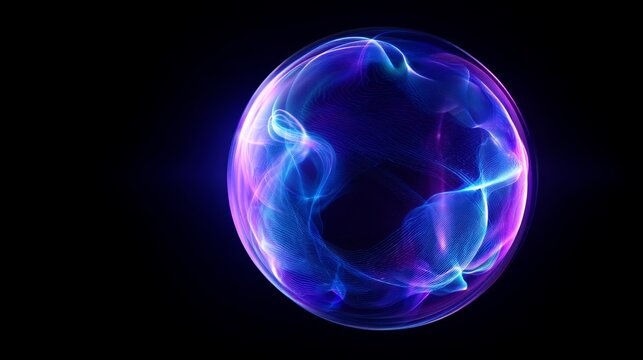 Close-up of a glowing energy orb with swirling blue and purple plasma. An abstract background for futuristic technology or sci-fi themes, with copy space.