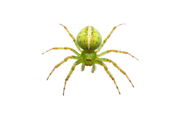 Lime green orb weaver spider with distinctive white and yellow pattern, legs spread symmetrically, frontal perspective, isolated on a transparent background