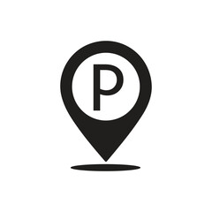 Parking Location Pin Icon Vector Illustration, Parking Area Map Marker Symbol Design, Car Parking GPS Location Pin Vector Icon, Parking Spot Map Pointer Flat Vector, Vehicle Parking Zone Location Mark