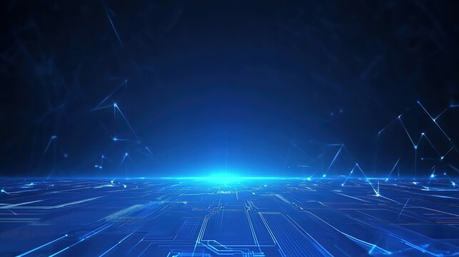 Blue Technology Background with Glowing Digital Circuit Patterns and White Geometric Shapes on Dark Gradient.