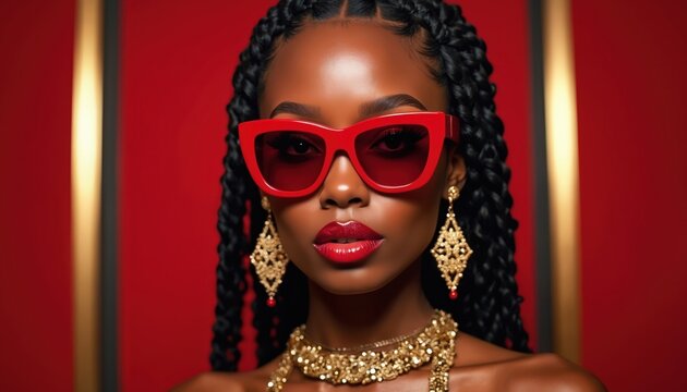 Young african american woman wears red sunglasses, gold jewelry, and red lipstick. She poses for a fashion portrait in a studio with a red background. Her braided hair is styled.