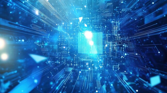 Blue Technology Background with Glowing Digital Circuit Patterns and White Geometric Shapes on Dark Gradient.