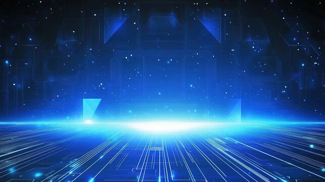 Blue Technology Background with Glowing Digital Circuit Patterns and White Geometric Shapes on Dark Gradient.