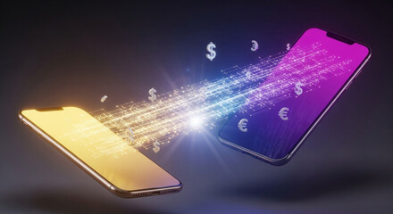 Modern smartphones exchanging dollar and euro symbols in a digital transaction, illustrating global finance and mobile banking