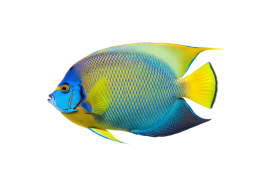 Beautiful queen angelfish displaying blue face and yellow-green gradient body with detailed scales, isolated on a transparent background - Powered by Adobe