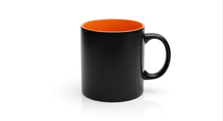 Black Coffee Mug with Orange Interior on White Background