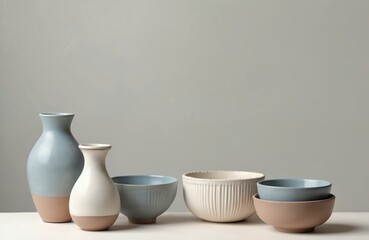 Collection of handcrafted ceramic vases and bowls in assorted pastel colors and earth tones sit on a white surface against a muted gray background. Modern minimalist home decor items.