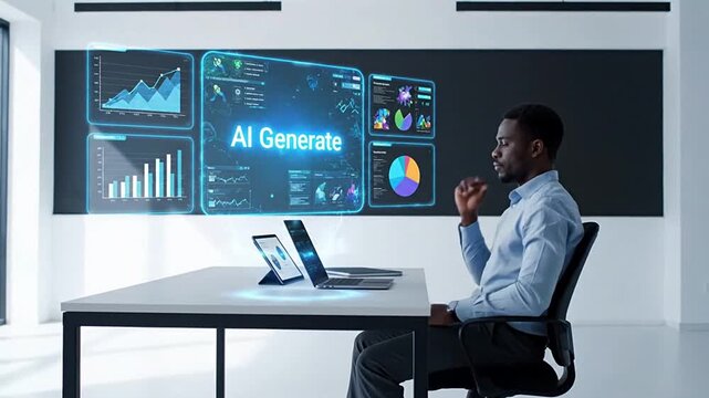Generative AI (GenAI) for business analytics. Professional using an AI platform to automatically generate data visualizations, charts, and financial reports.