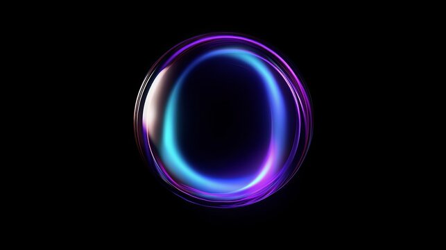 Abstract glass bubble forming a blue and purple neon light ring. A futuristic oval frame or number '0' shape, isolated on a black background for a modern logo or icon design.