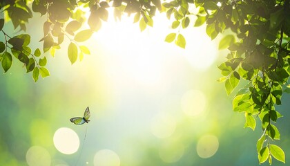 Bright summer sun on a spring green leaf background with a natural bokeh and delicate butterflies for a cheerful garden design
