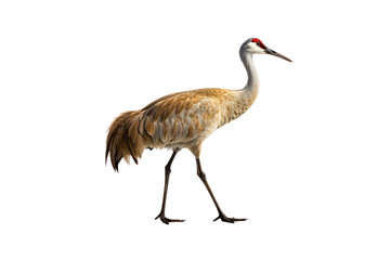 Obraz premium Sandhill crane tall wading bird gray brown plumage red crown long neck standing profile, isolated on a transparent background