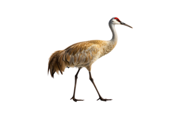 Sandhill crane tall wading bird gray brown plumage red crown long neck standing profile, isolated on a transparent background