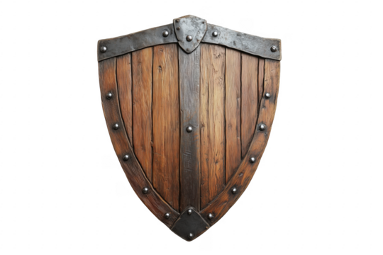 Wooden medieval shield with metal accents isolated on a transparent background
