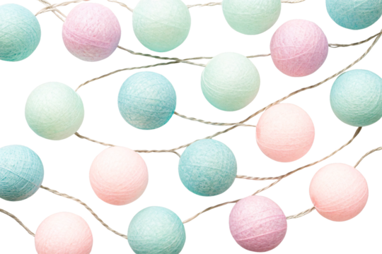 Cotton ball string lights pastel pink mint green decorative hanging ornaments festive party décor, isolated on a transparent background