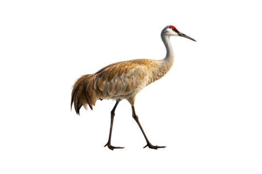 Sandhill crane tall wading bird gray brown plumage red crown long neck standing profile, isolated on a transparent background