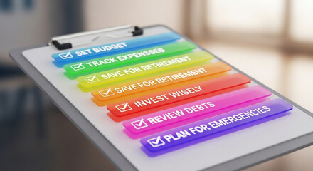 A closeup of a clipboard with a colorful checklist for financial planning, focusing on budget and saving