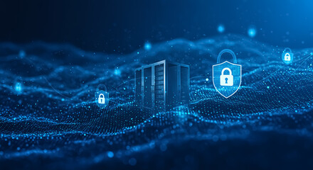 データセンターと情報保護を象徴するサイバーセキュリティ背景