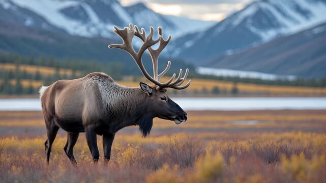 Bull Caribou in Denali National Park: Majestic Wildlife on the TundraAutumn Landscape of the Tundra in Northern Russia: Scenic Views of Arctic Nature