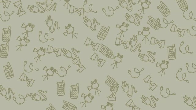 Repetitive pattern of phones, plugs, and frog sketches, suitable for technology or creative concepts visuals, advertising, or background design.
