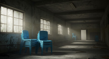 Stacked Chairs in Corner of Abandoned Hall