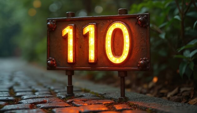 Rusty metal sign displays glowing Thai number 110 at night. Warm orange light illuminates weathered surface creating vintage aesthetic. Cobbled pavement, foliage form dark background adding to moody