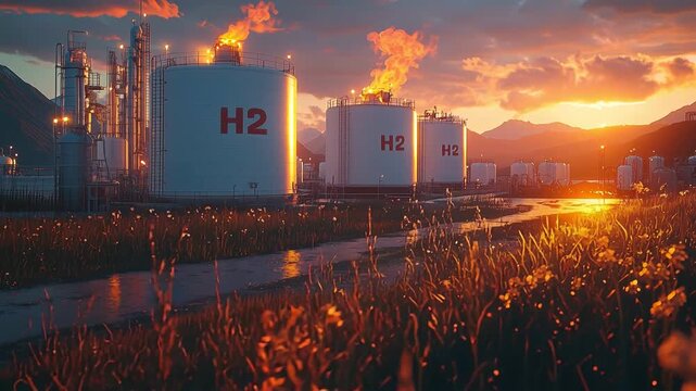 Hydrogen energy plant at sunset with glowing industrial tanks and nature