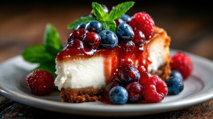 A decadent cheesecake adorned with fresh berries and mint, inviting dessert lovers to indulge in a sweet delight that is visually stunning and appetizing.