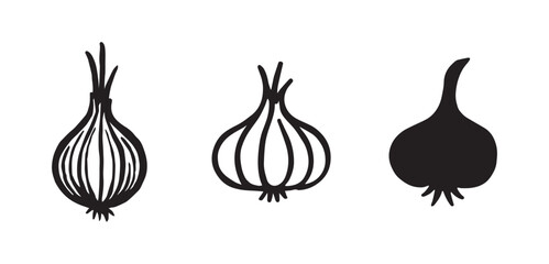 Three onions illustrated in silhouette and line art styles