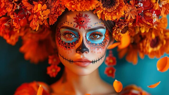 Woman with orange floral headpiece and sugar skull face art close up