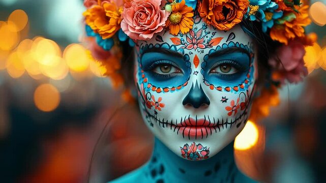 Woman with sugar skull makeup and bright flower crown at Mexican festival