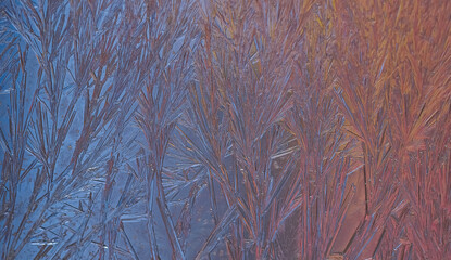 Macro view of ice crystals in overlapping branches, rendered in delicate blue, peach, and subtle...