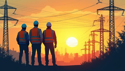 Three electrical workers in safety gear, hard hats stand together looking at power lines, transmission towers against city skyline at sunset. Workers wear reflective vests. Power infrastructure