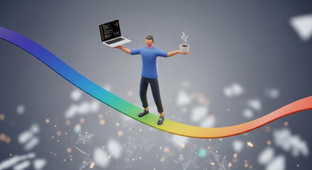A developer balancing laptop and coffee on a rainbow bridge, representing the challenges of software development