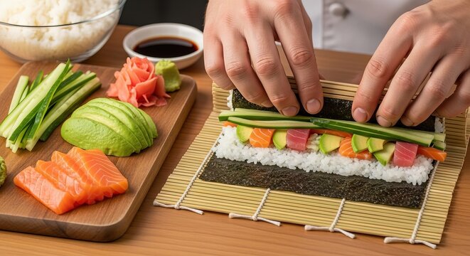 Chef assembling fresh sushi roll on bamboo mat