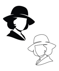 Elegant Woman Hat Silhouette Fashion Line Art Portrait.